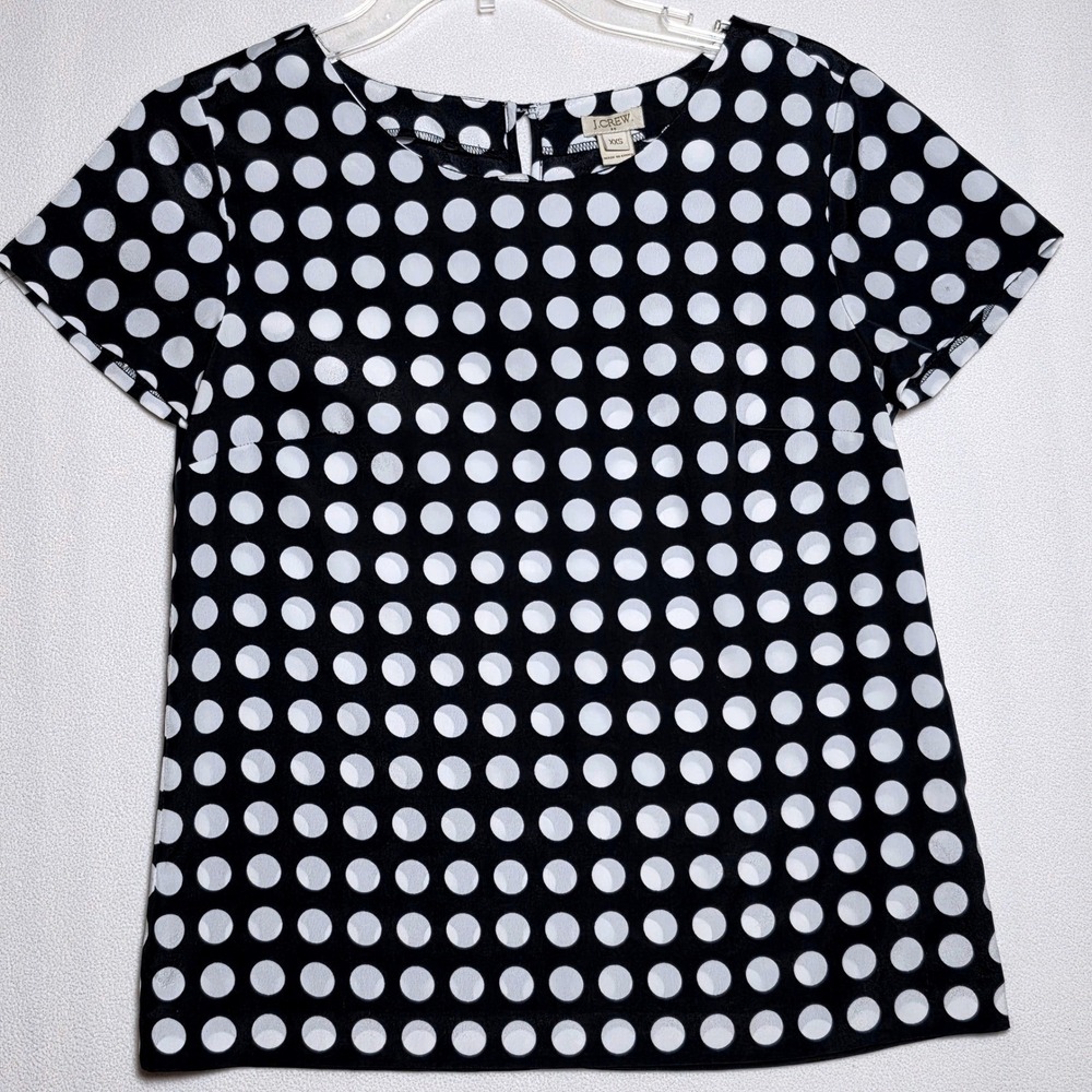 J. Crew Black White Polka Dot Short Sleeve Blouse Round Neck 77401 XXS